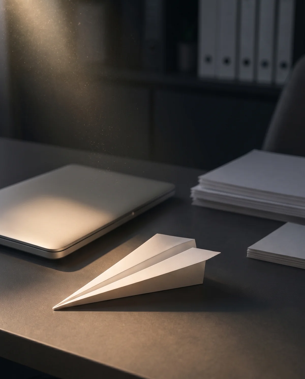 Ein Papierflieger auf einem Schreibtisch neben Laptop und Papierstapeln