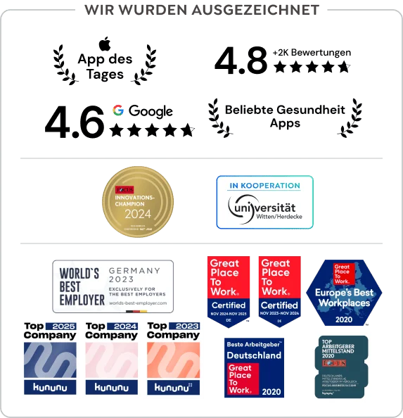 Greator-Auszeichnungen: Innovations-Champion 2024 von Focus, Kununu Top Company 2023–2025, Great Place to Work zertifiziert 2020–2024 und World’s Best Employer 2023.