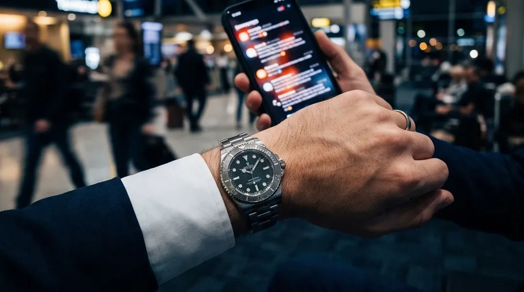 Mann im Anzug am Flughafen mit Luxusuhr, das Smartphone voller Benachrichtigungen